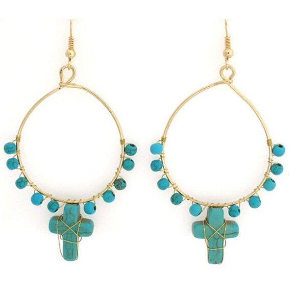 Goldtone Hoop Turquoise Cross Beaded Fashion Dangle Hoop Earrings - Picture 1 of 2